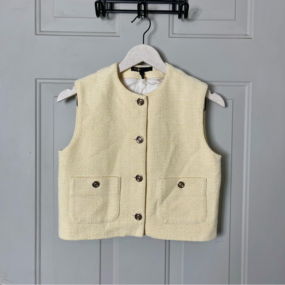 Maje Glitter Tweed Cropped Sleeveless Jacket Pale Yellow size 40 / large - Picture 2 of 7
